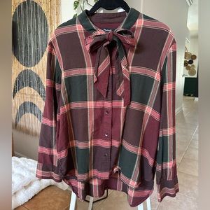 Madewell Dark Academia Plaid Button Up with Bow Collar